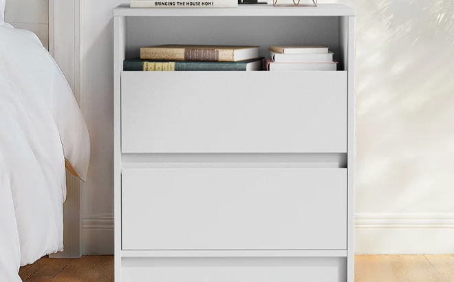 Contemporary Bedside Table with USB Open Shelf and Ample Storage in White