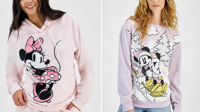 Disney Juniors Minnie Mouse Plush Fleece Graphic Hoodie and Disney Juniors Mickey Minnie Sled Ride Sweatshirt