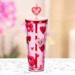 Disney Mickey and Minnie Mouse Valentines Day Starbucks Tumbler on a Table