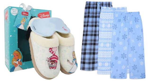 Disney Womens Slippers with Sleep Mask Holiday Gift Set and Holiday Time Kids Cozy Sleep Pants