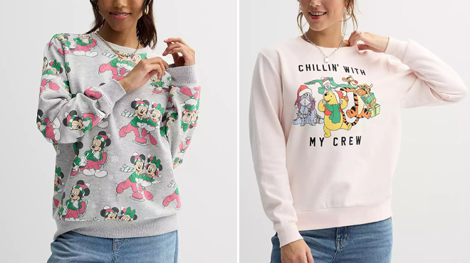 Disneys Mickey And Minnie Ice Skating Juniors Pullover and Disneys Winnie The Pooh Christmas Chillin Juniors Pullover