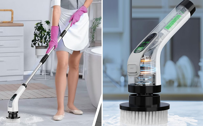 Electric Spin Scrubber with Long Handle in Use