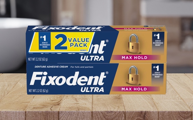 Fixodent Ultra Max Hold Denture Adhesive on a Bathroom Counter