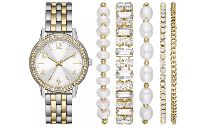 Folio Womens Two Tone Watch Simulated Pearl Bracelet Set