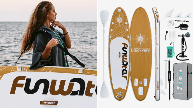 FunWater Inflatable Paddle Board Brown Woodgrain Voyager Style