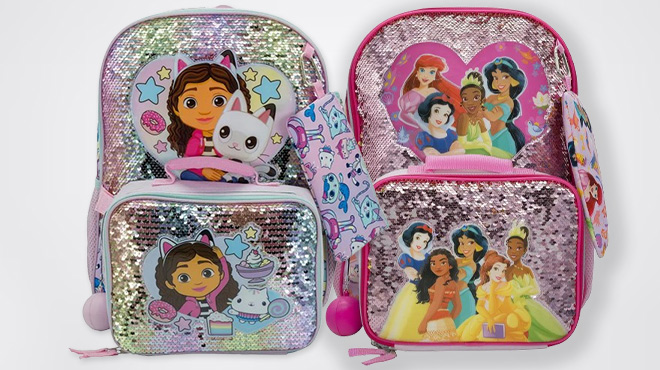 Gabby's Dollhouse 5 Piece Backpack Set and Disney Princesses 5 Piece Backpack Set