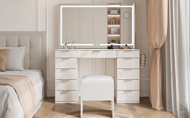 Glass Top Makeup Vanity Desk Set with LED Mirror