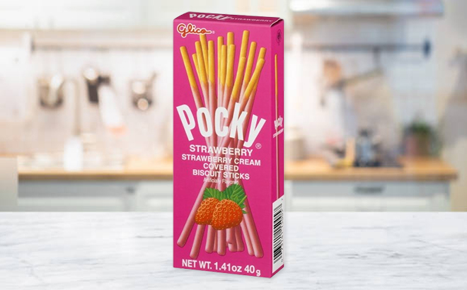 Glico Pocky Strawberry Cream Covered Biscuit Sticks on a Table