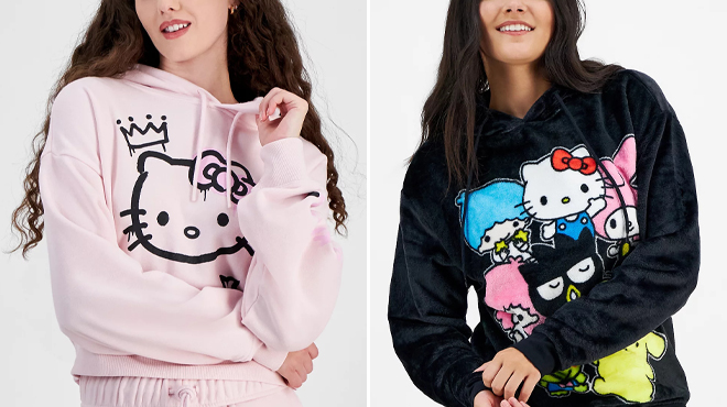 Grayson Threads Juniors Hello Kitty Graffiti Graphic Cropped Hoodie and Love Tribe Juniors Hello Kitty Friends Plush Fleece Graphic Hoodie