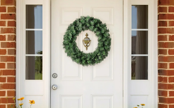 Holiday Time Basic Artificial Christmas Wreath on a Front Door