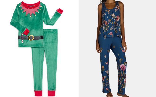 Holiday Time Boys Christmas Elf Fitted Pajama Set and The Pioneer Woman Knit Tank Top and Pants Pajama Set