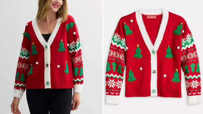 Jollidays Womens Long Sleeve Button Front Christmas Tree Cardigan