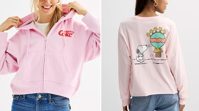 Juniors Cherry Coke Cropped Full Zip Hoodie and Juniors Peanuts Snoopy Long Sleeve Skimmer Graphic Tee