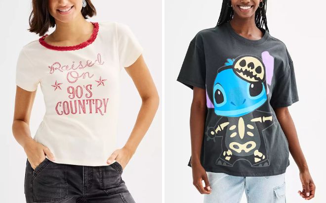 Juniors Raised On 90s Country Graphic Tee and Licensed Character Disneys Stitch Juniors Skeleton Halloween Short Sleeve Graphic Tee