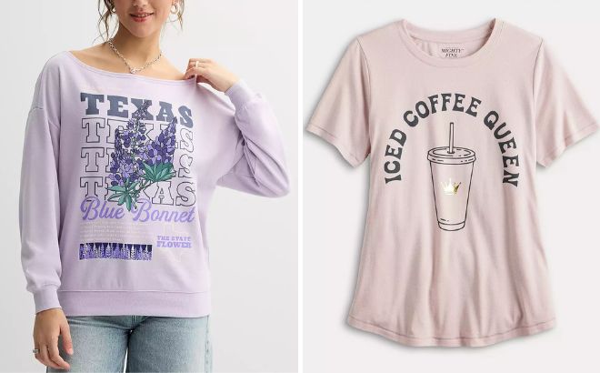 Juniors Texas Blue Bonnet The State Flower Graphic Pullover and Missy Iced Coffee Queen Graphic Tee