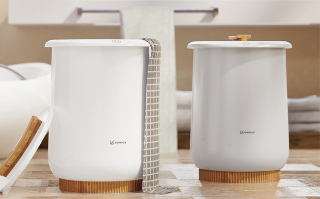 Keenray Towel Warmer Buckets on the Bathroom Floor