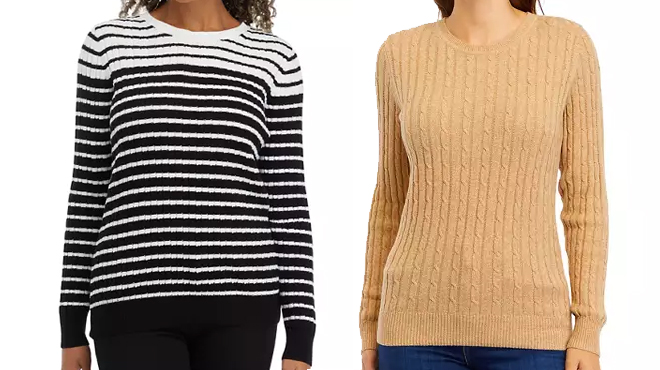 Kim Rogers Womens Striped Cable Crew Sweater on the left and Kim Rogers Womens Long Sleeve Cable Knit Sweater on the right