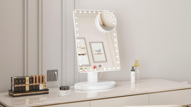 Large LED Makeup Mirror on a Vanity Table