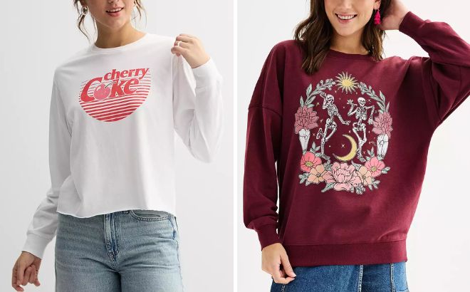 Licensed Character Cherry Coke Long Sleeve Skimmer Graphic Tee and Skeleton Dance Floral Wreath Oversized Graphic Pullover