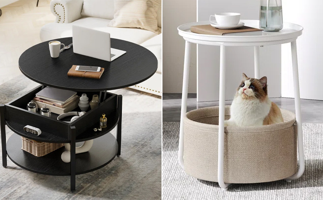 Lift Top Wood Coffee Table with Storage and Steel Tray Top End Table with Storage Fabric Basket