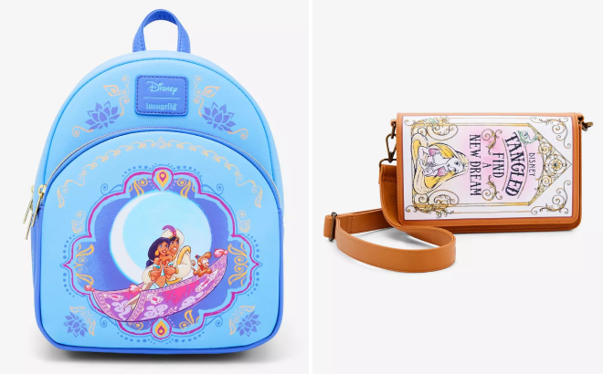 Loungefly Disney Aladdin Magic Carpet Ride Mini Backpack and Tangled Rapunzel Book Crossbody Bag