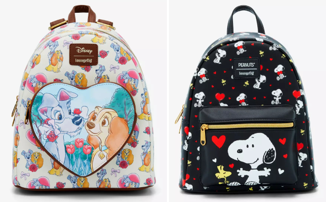 Loungefly Disney Lady And The Tramp Hearts Roses and Peanuts Snoopy Woodstock Hearts Mini Backpacks