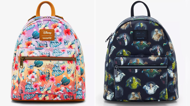 Loungefly Disney Stitch Tropical Flowers Mini Backpack on the left and Loungefly Universal Monsters Characters Mini Backpack on the right