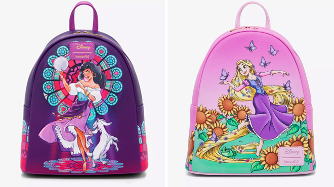 Loungefly Disney The Hunchback Of Notre Dame Mini Backpack on the left and Loungefly Disney Tangled Sunflower Field Mini Backpack on the right