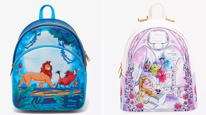 Loungefly Disney The Lion King Mini Backpack on the left and Loungefly Disney Sleeping Beauty Mini Backpack on the right