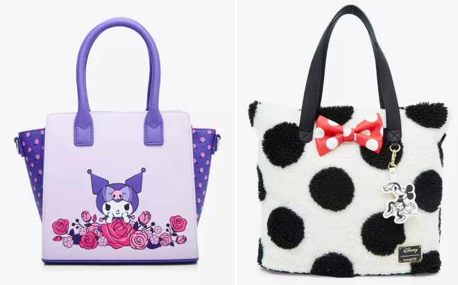 Loungefly Kuromi Roses Mini Satchel Bag and Disney Minnie Mouse Black White Polka Dot Sherpa Tote Bag