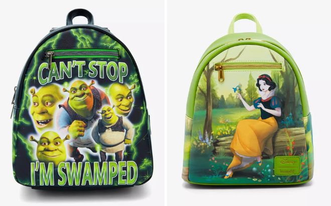 Loungefly Shrek Cant Stop Glow In The Dark Mini Backpack and Disney Snow White And The Seven Dwarfs Animals Mini Backpack