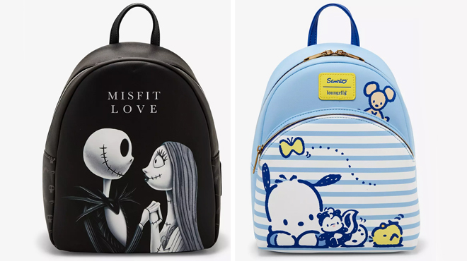 Loungefly The Nightmare Before Christmas Mini Backpack on the left and Loungefly Pochacco Friends Stripe Mini Backpack on the right