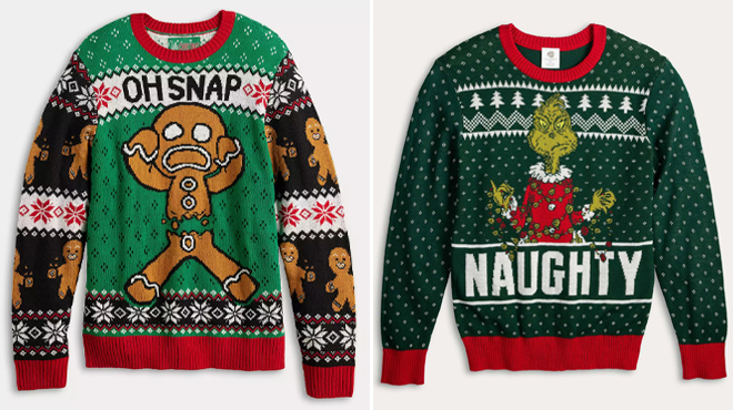 Mens Oh Snap Gingerbread Man Holiday Sweater and Mens Grinch Holiday Sweater