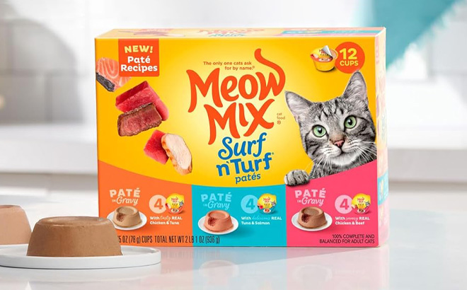 Meow Mix Cat Food Surf n Turf Variety Pack on a Table