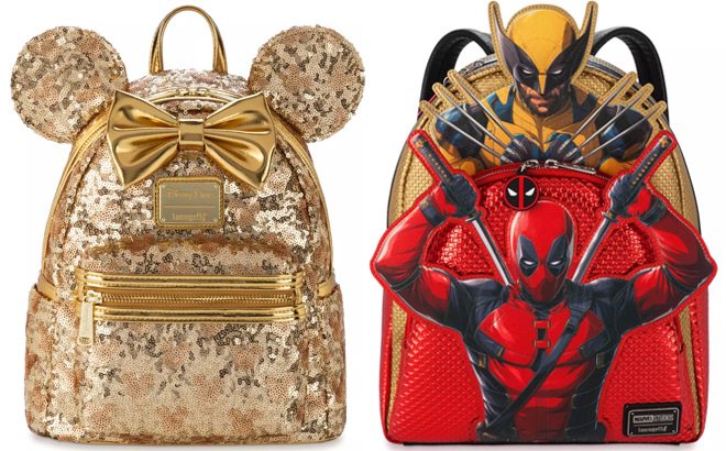 Minnie Mouse Gold Sequin and Deadpool Wolverine Loungefly Mini Backpack