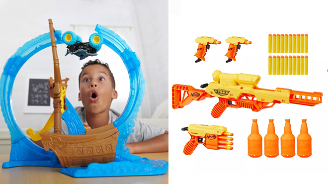 Monster Jam Megalodon Loop of Doom Playset with Truck and NERF Alpha Strike Battalion Set Blasters 4 Pack