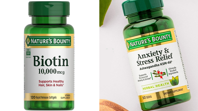 Natures Bounty Biotin 120 ct on the left and Natures Bounty Ashwagandha Tablets 50 ct on the right