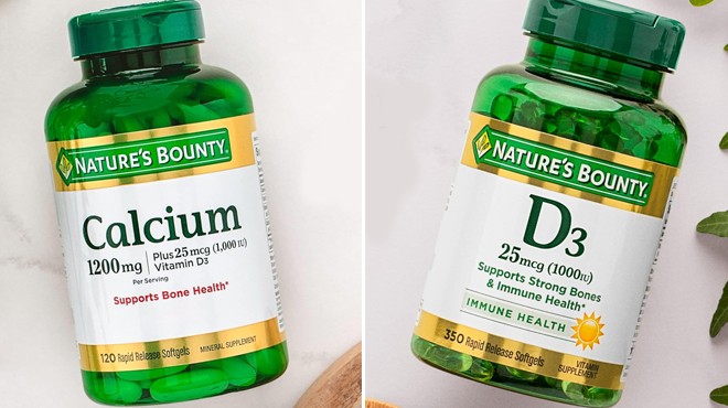 Natures Bounty Calcium Plus 240 ct on the left and Natures Bounty Vitamin D3 350 ct on the right