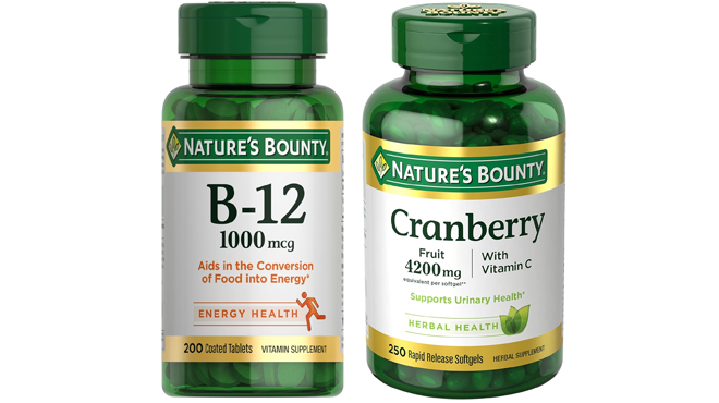 Natures' Bounty Vitamin B12 1000mcg 200 Ct on the left and Natures Bounty Cranberry 4200mg on the right