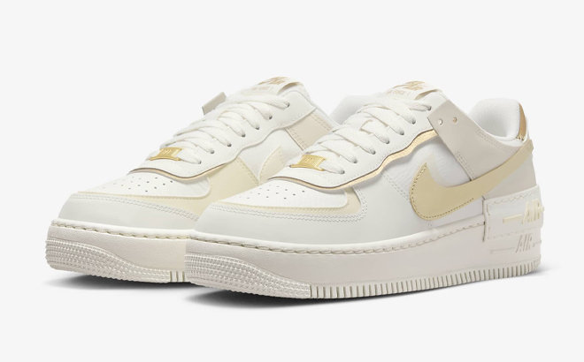 Nike Air Force 1 Shadow Womens Shoes in Sail Coconut Milk Metallic Gold Color 