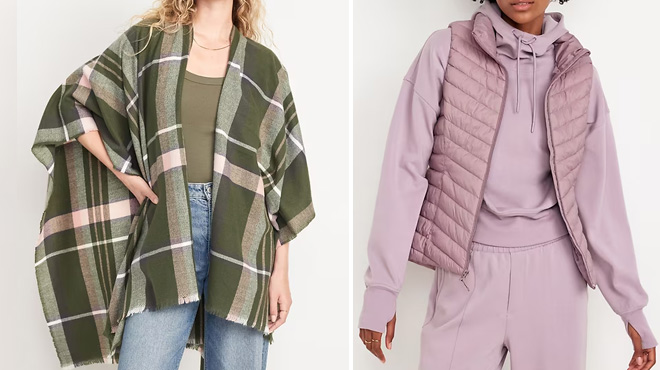 Old Navy Flannel Poncho and Narrow Channel Puffer Vest