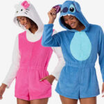 People wearing Disneys Lilo Stitch Womens Romper Pajamas and Womens Hello Kitty Romper Pajamas