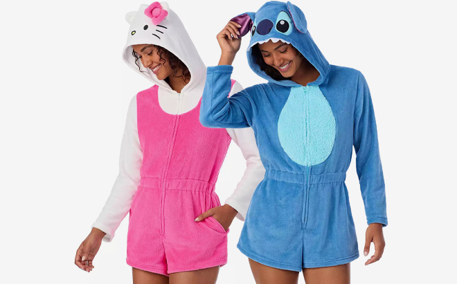 People wearing Disneys Lilo Stitch Womens Romper Pajamas and Womens Hello Kitty Romper Pajamas