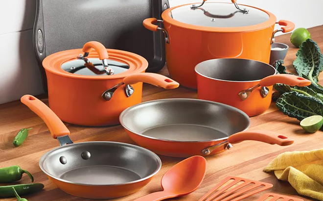 Rachael Ray Aluminum Nonstick 11 Pc Cookware Set in Orange Color