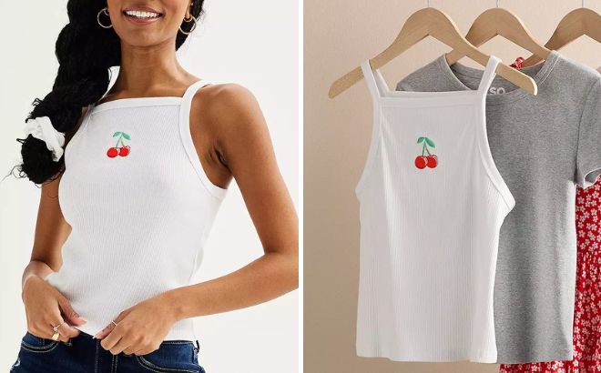 SO Ribbed Embroidered Squareneck Graphic Tank Top