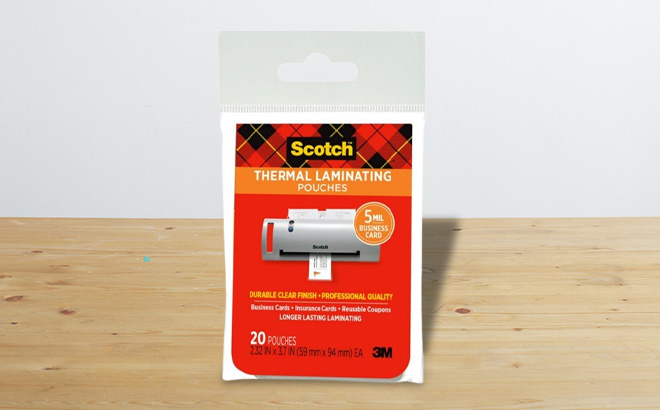 Scotch Thermal Laminating Pouches 20 Count on a Table