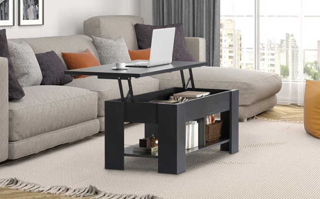 Sparta Black Lift Top Extendable Coffee Table With Storage in a Living Room