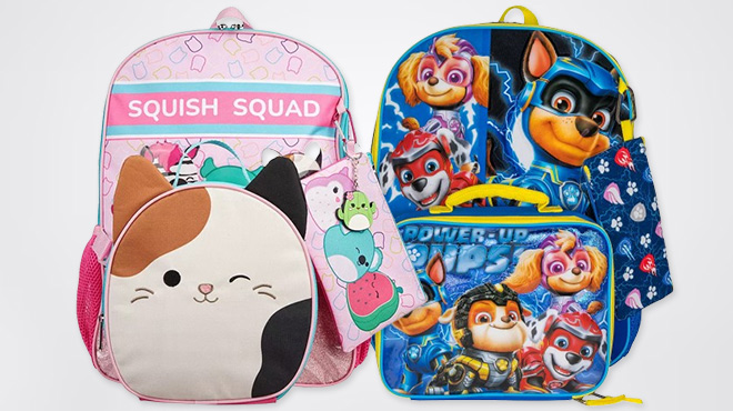 Squishmallows 5 Piece Backpack Set and Paw Patrol 5 Piece Backpack Set