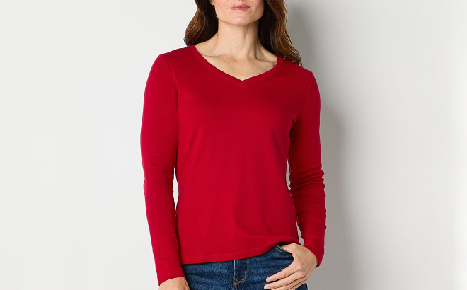 St Johns Bay Womens V Neck Long Sleeve Tee