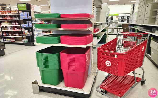 Storage Boxes on a Shelf Next to a Shopping Cart at Target